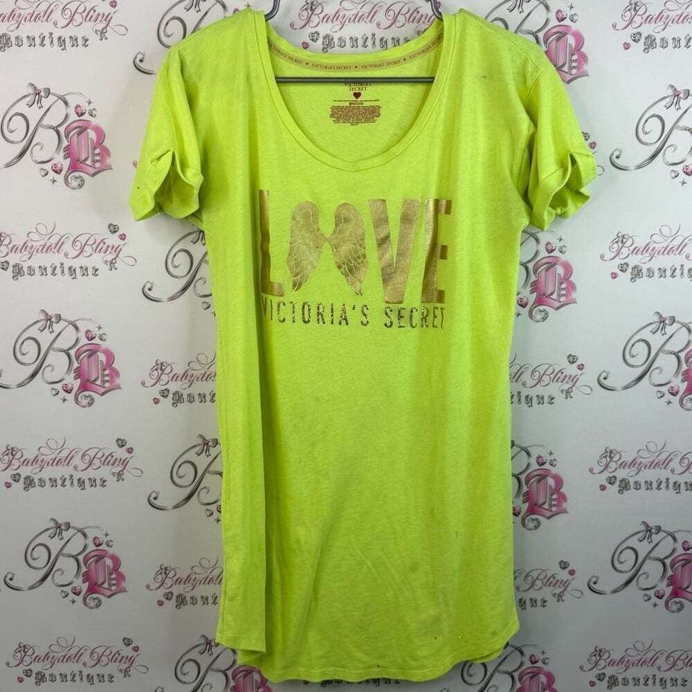 Victoria's Secret T-shirt dress gold wing love Neon Lime yellow LOVE Graphic Tee
